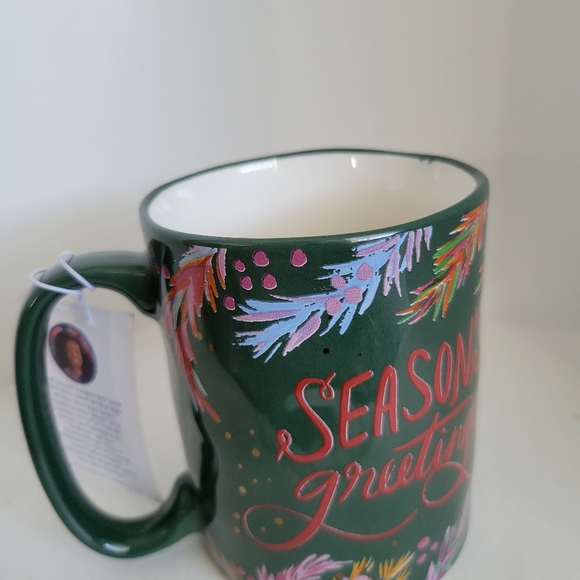 NEW EttaVee Coffee Mug Cup Green Seasons Greetings Painted - Picture 3 of 4